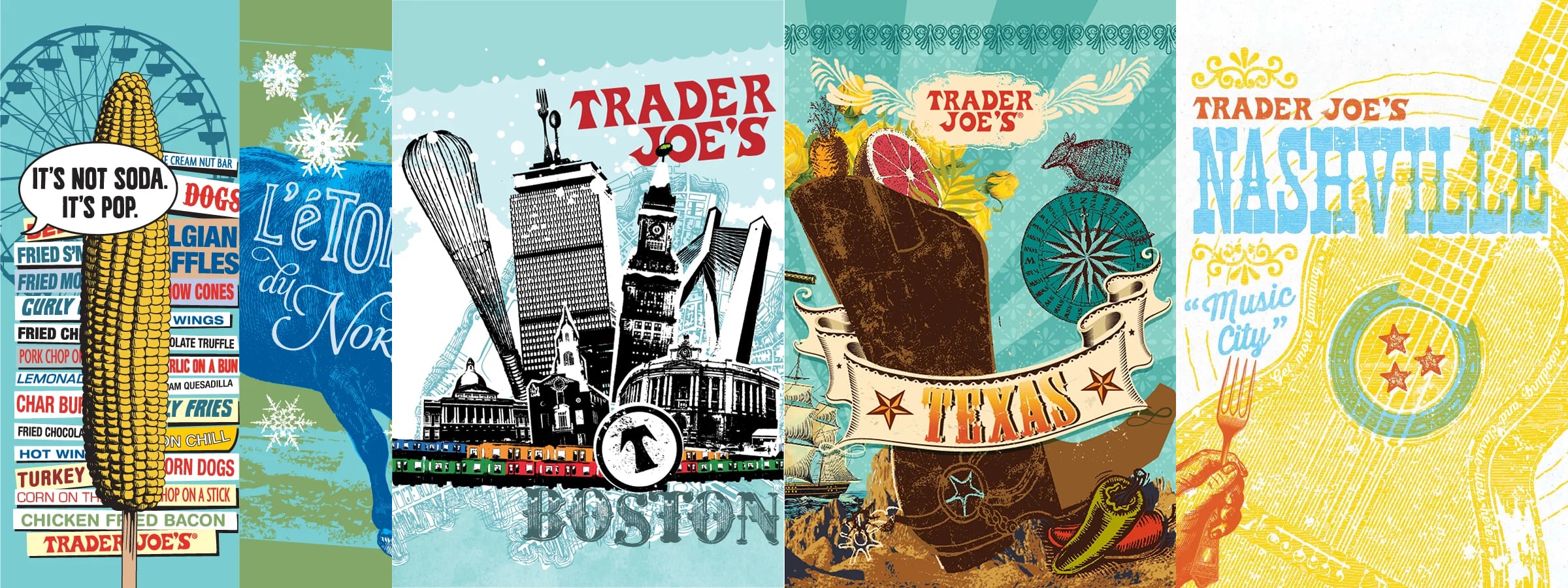 Collage of Trader Joe's neighborhood grocery bag designs